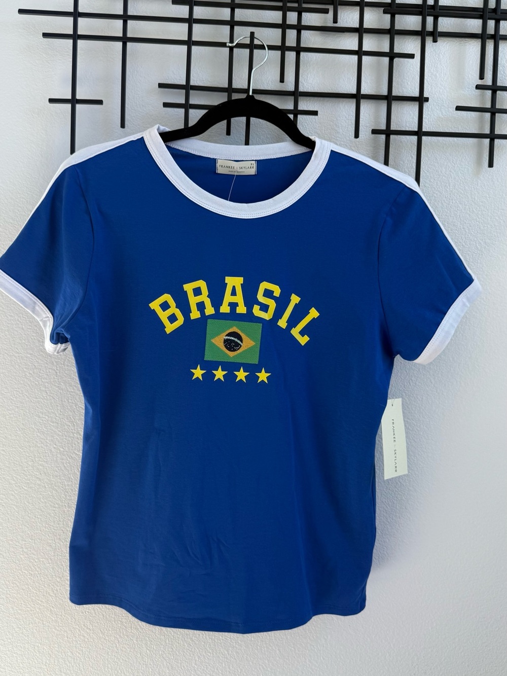 NWT Frankee & Skylar Brasil Brazil Flag Ringer Tee XL Blue Graphic Shirt